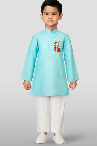 Cotton printed kurta set with pyjama for boyss | aqua | navratri special