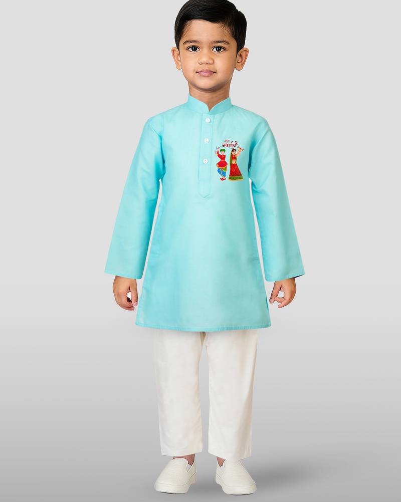 Cotton printed kurta set with pyjama for boyss | aqua | navratri special