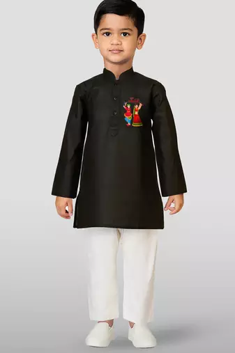 Cotton printed kurta set with pyjama for boyss | black | navratri special