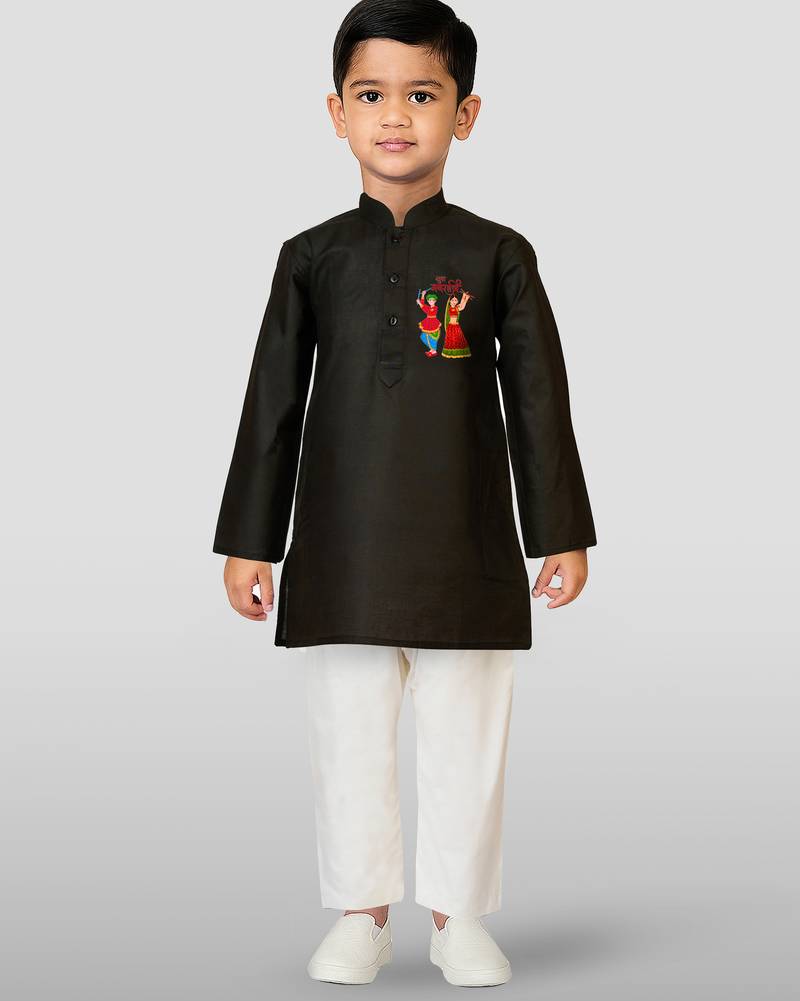 Cotton printed kurta set with pyjama for boyss | black | navratri special