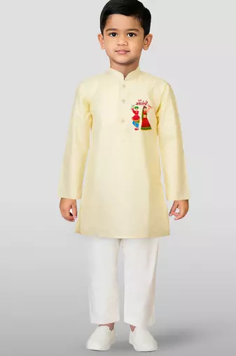 Cotton printed kurta set with pyjama for boyss | cream | navratri special