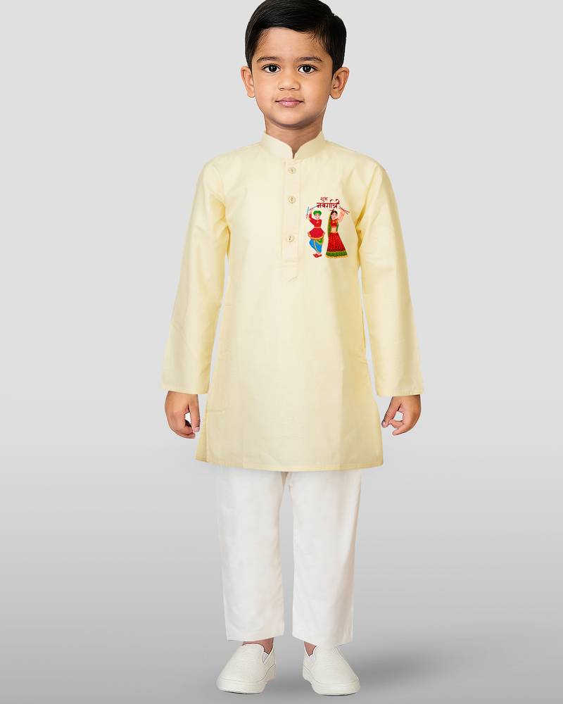Cotton printed kurta set with pyjama for boyss | cream | navratri special