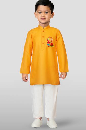 Cotton printed kurta set with pyjama for boyss | orange | navratri special