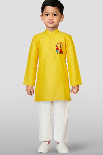 Cotton printed kurta set with pyjama for boyss | yellow | navratri special