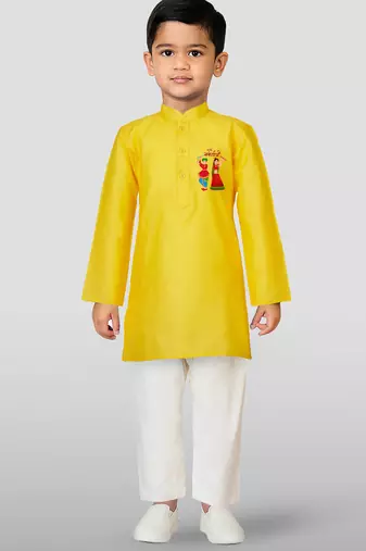 Cotton printed kurta set with pyjama for boyss | yellow | navratri special