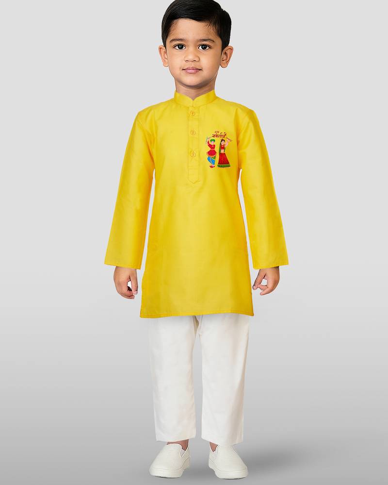 Cotton printed kurta set with pyjama for boyss | yellow | navratri special