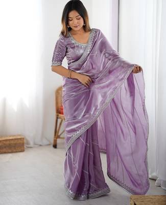 Levender silk blend thread sequince embroidered work saree with blouse 1
