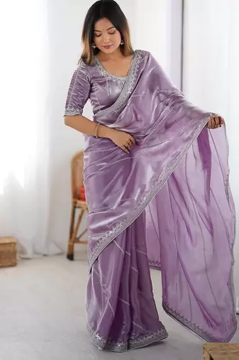 Levender color silk blend thread sequince embroidered work saree with blouse