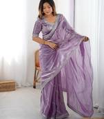 Levender color silk blend thread sequince embroidered work saree with blouse
