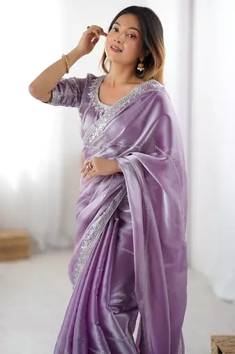 Levender color silk blend thread sequince embroidered work saree with blouse