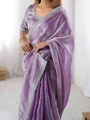 Levender silk blend thread sequince embroidered work saree with blouse 5
