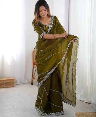 Mehandi green color silk blend thread sequince embroidered work saree with blouse 2