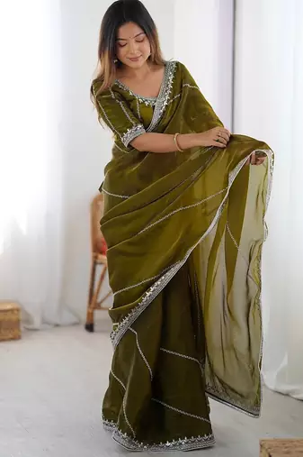 Mehandi green color silk blend thread sequince embroidered work saree with blouse