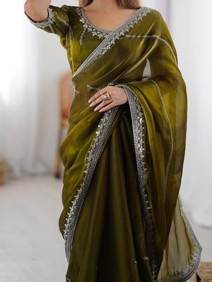 Mehandi green color silk blend thread sequince embroidered work saree with blouse 5