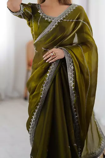 Mehandi green color silk blend thread sequince embroidered work saree with blouse