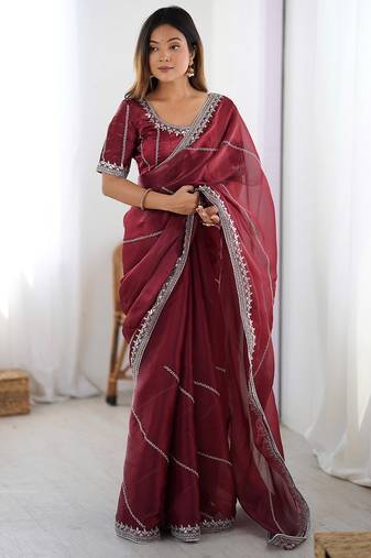 Maroon color silk blend thread sequince embroidered work saree with blouse