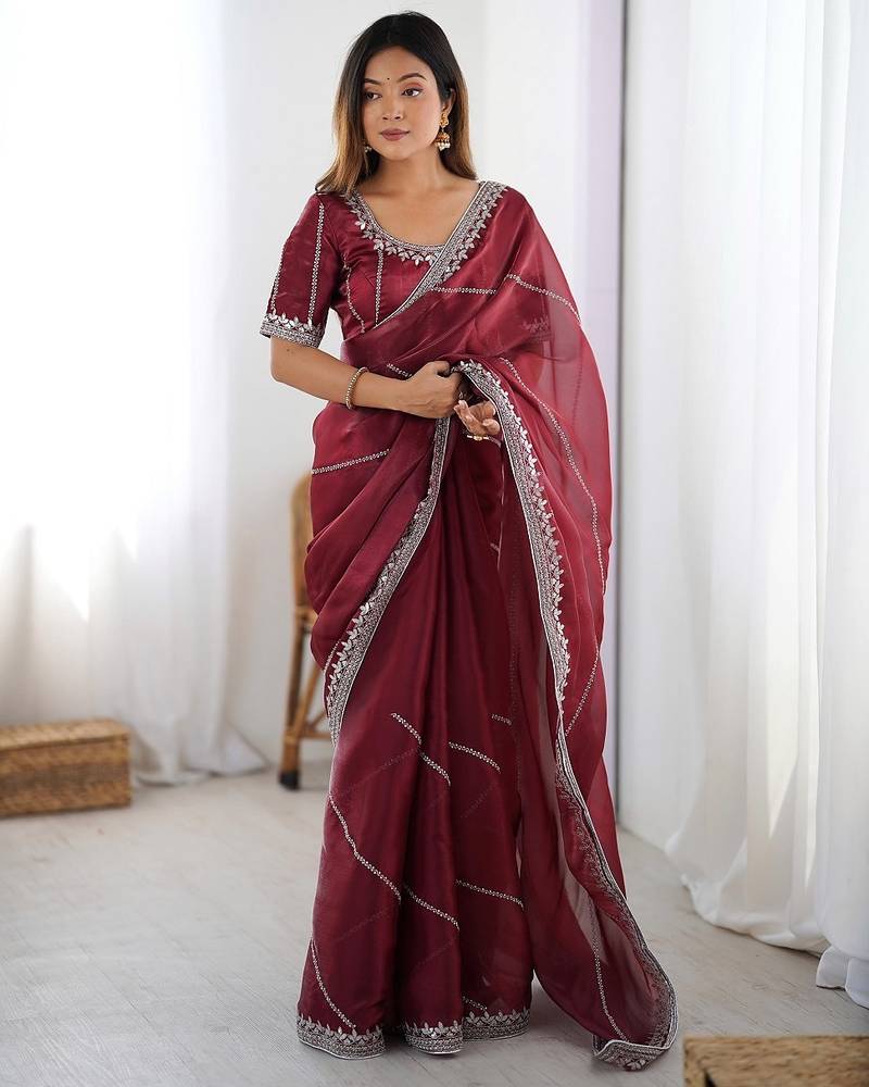 Maroon color silk blend thread sequince embroidered work saree with blouse