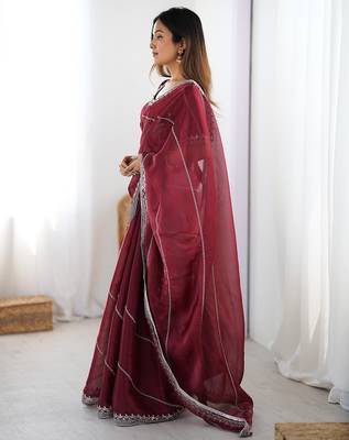 Maroon color silk blend thread sequince embroidered work saree with blouse 2