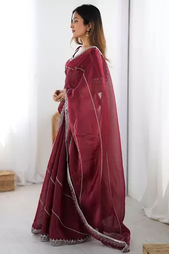 Maroon color silk blend thread sequince embroidered work saree with blouse