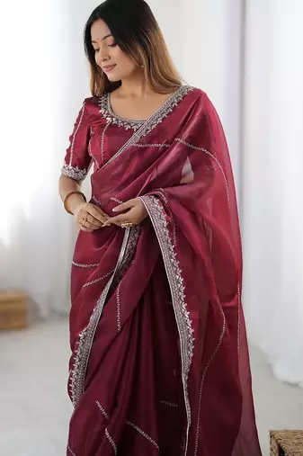 Maroon color silk blend thread sequince embroidered work saree with blouse