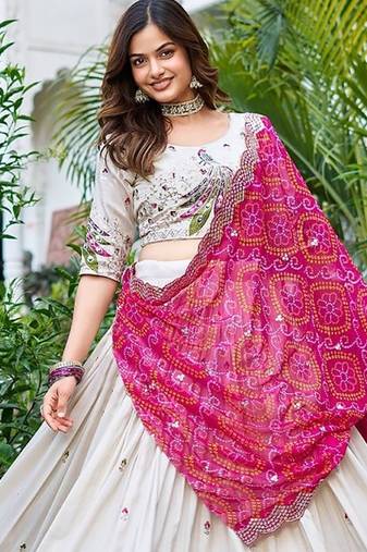 Women's Chinon Print And Embellished Semi-Stitched Lehenga Choli With Dupatta