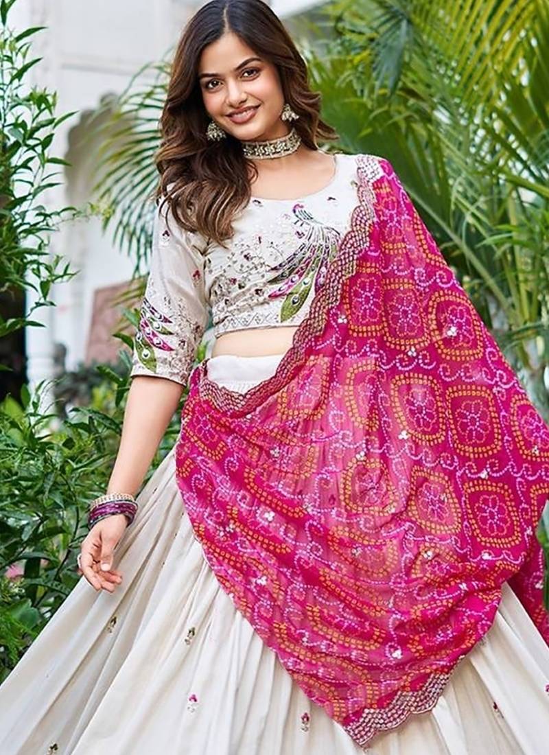 Women's Chinon Print And Embellished Semi-Stitched Lehenga Choli With Dupatta