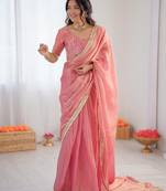 Pink color 1 minute ready to wear fendy silk lace border saree with blouse