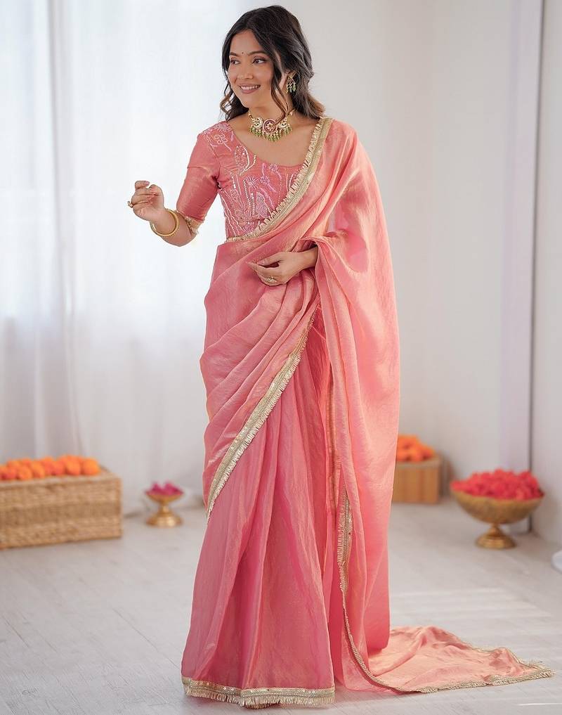 Pink color 1 minute ready to wear fendy silk lace border saree with blouse