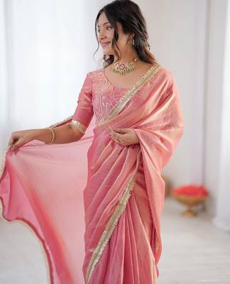 pink 1 minute ready made fendy silk blend lace border saree 2