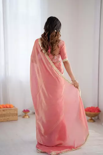 Pink color 1 minute ready to wear fendy silk lace border saree with blouse