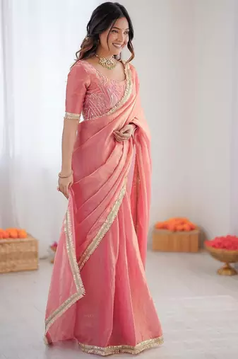 Pink color 1 minute ready to wear fendy silk lace border saree with blouse