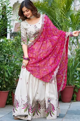 Women's Chinon Print And Embellished Semi-Stitched Lehenga Choli With Dupatta