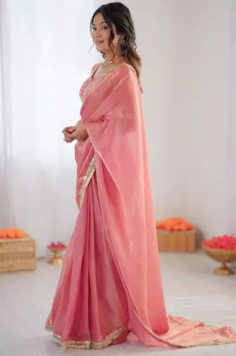 Pink color 1 minute ready to wear fendy silk lace border saree with blouse