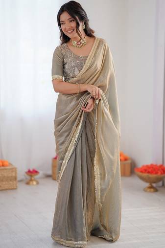 Silver color 1 minute ready to wear fendy silk lace border saree with blouse