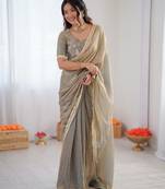 Silver color 1 minute ready to wear fendy silk lace border saree with blouse