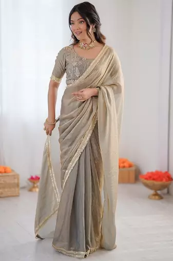 silver 1 minute pre-stitched fendy silk blend lace border saree