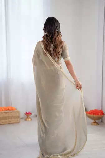 silver 1 minute pre-stitched fendy silk blend lace border saree