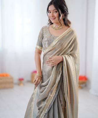 silver 1 minute pre-stitched fendy silk blend lace border saree 4