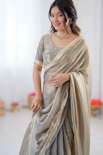 silver 1 minute pre-stitched fendy silk blend lace border saree