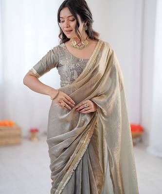 silver 1 minute pre-stitched fendy silk blend lace border saree 5