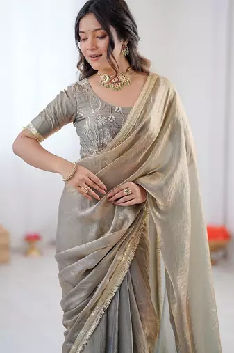 silver 1 minute pre-stitched fendy silk blend lace border saree