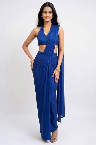 Blue embellished lycra pre draped saree