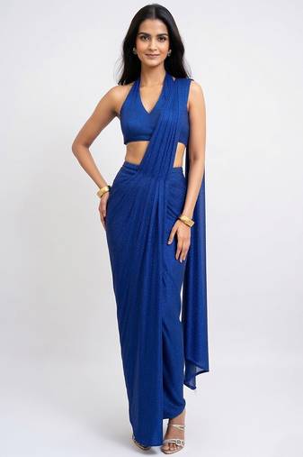 Blue embellished lycra pre draped saree