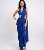 Blue embellished lycra pre draped saree