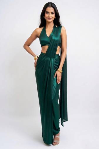 Emerald green embellished lycra pre draped saree
