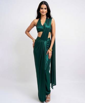 Emerald green embellished lycra pre draped saree 1