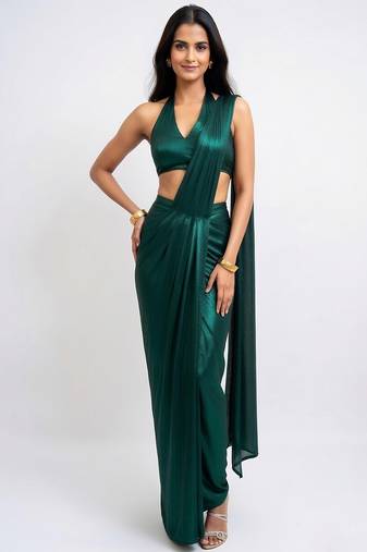 Emerald green embellished lycra pre draped saree