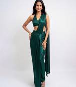 Emerald green embellished lycra pre draped saree