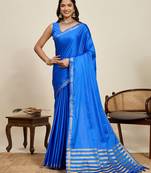 Blue striped, solid soft silk banarasi saree with blouse