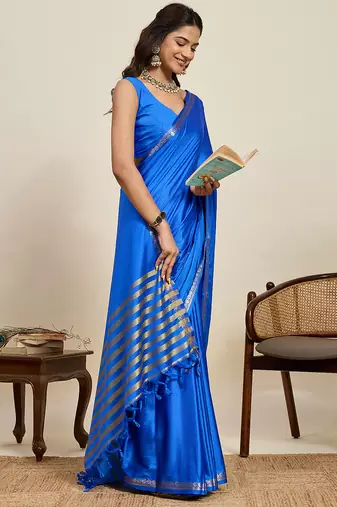Blue striped, solid soft silk banarasi saree with blouse